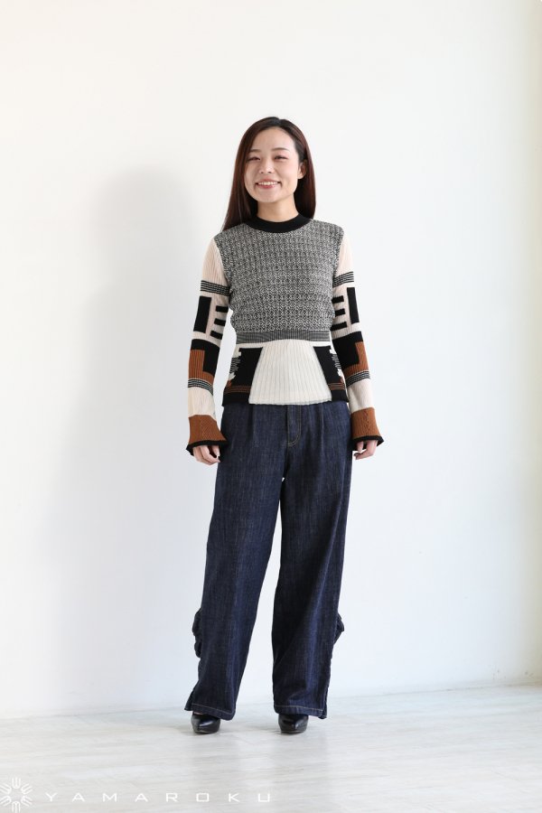 Mame Kurogouchi(マメ) Mixed Knitted Fabric Peplum Pullover