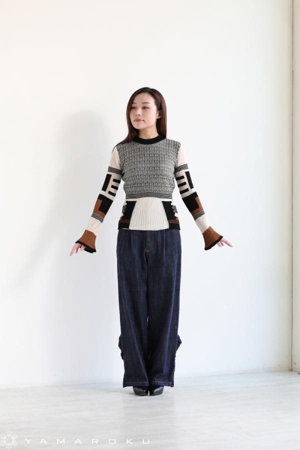 Mame Kurogouchi(マメ) Mixed Knitted Fabric Peplum Pullover