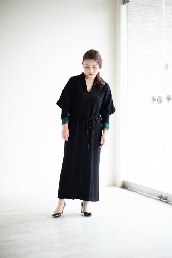 Mame Kurogouchi(マメ) Embroidery Cuffs V-Neck Dress - YAMAROKU 