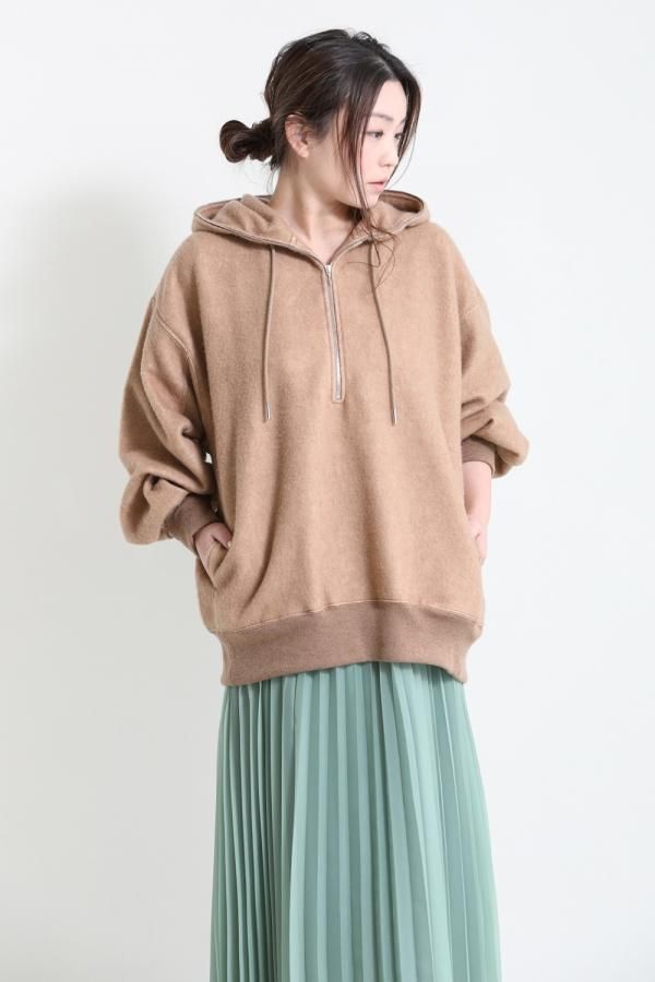 unfil(アンフィル) brushed camel-terry half zip hoodie camel