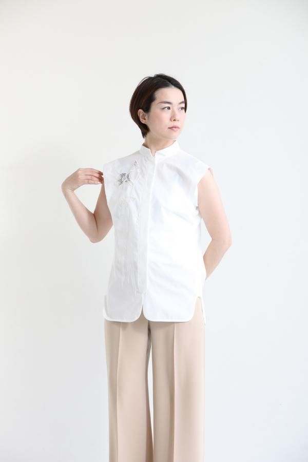 Mame Kurogouchi(マメ) Botanical Embroidery Sleeveless Shirt WHITE 