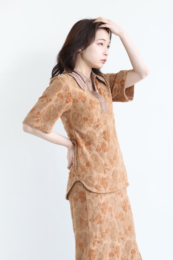 Mame Kurogouchi(マメ) Flowered Velour Jacquard Polo Shirt BROWN 