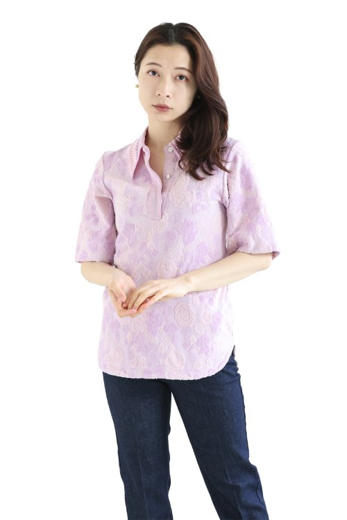 Mame Kurogouchi(マメ) Flowered Velour Jacquard Polo Shirt PURPLE