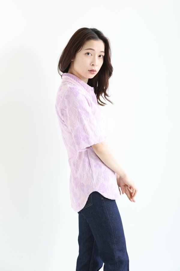 Mame Kurogouchi(マメ) Flowered Velour Jacquard Polo Shirt PURPLE