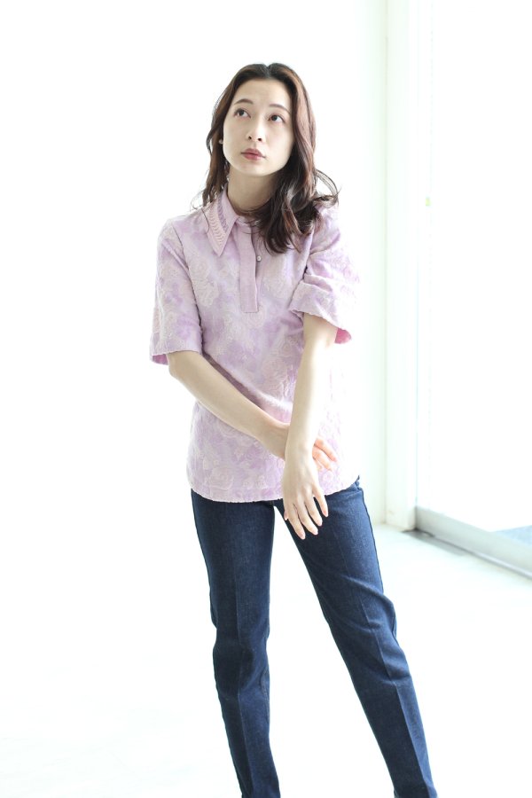 Mame Kurogouchi(マメ) Flowered Velour Jacquard Polo Shirt PURPLE