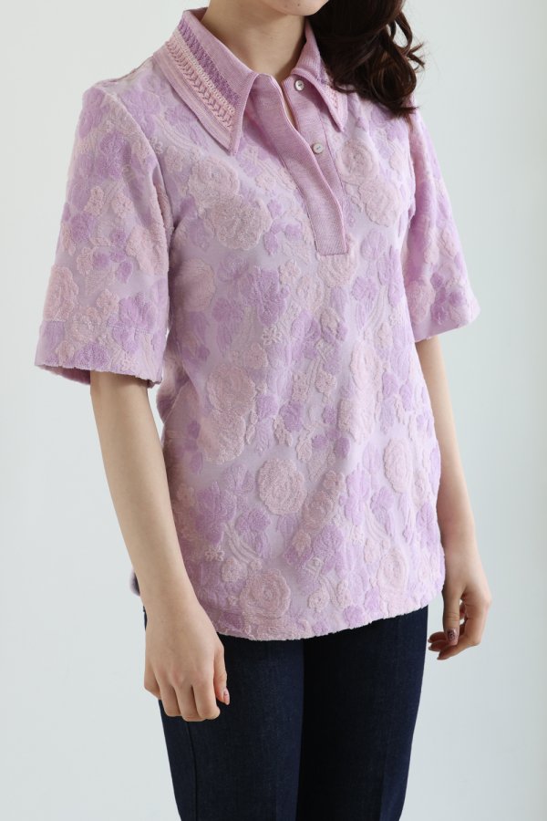 Mame Kurogouchi(マメ) Flowered Velour Jacquard Polo Shirt PURPLE ...