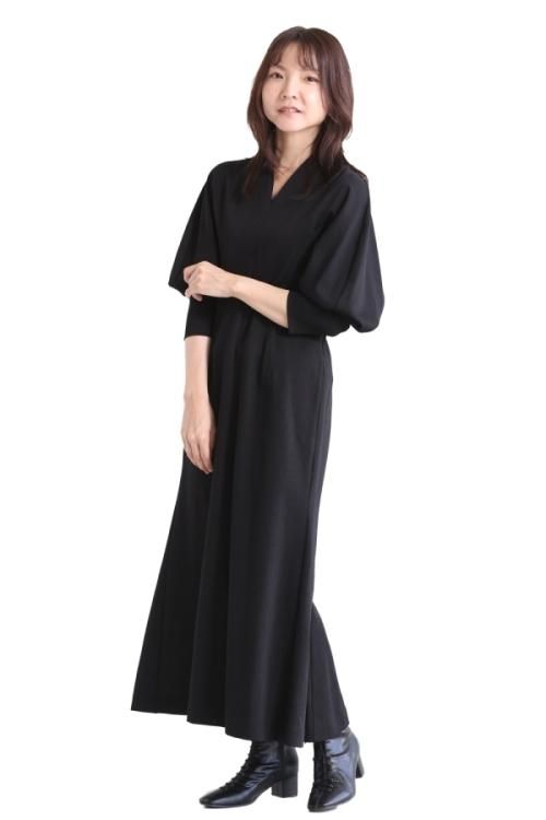 Mame Kurogouchi(マメ) V-Neck Classic Cotton Dress BLACK - YAMAROKU 