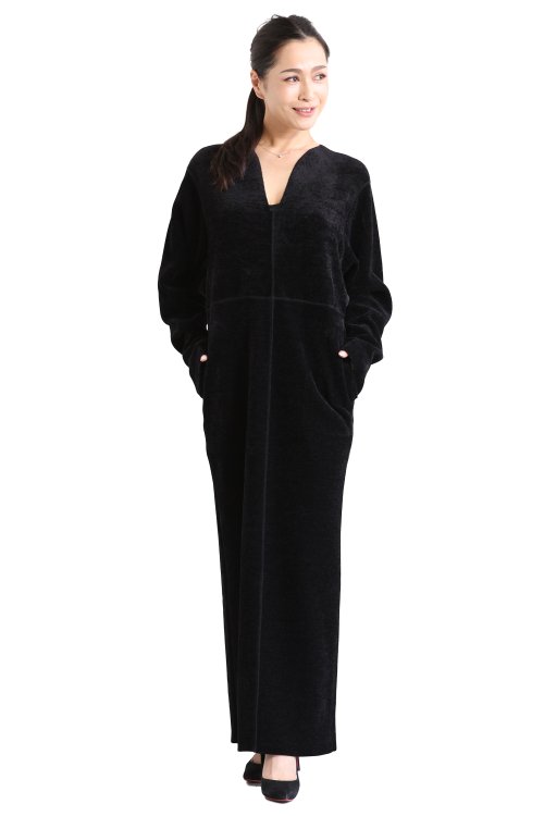 Mame Kurogouchi(マメ) V-Neck Velour Knit Dress BLACK - YAMAROKU（ヤマロク
