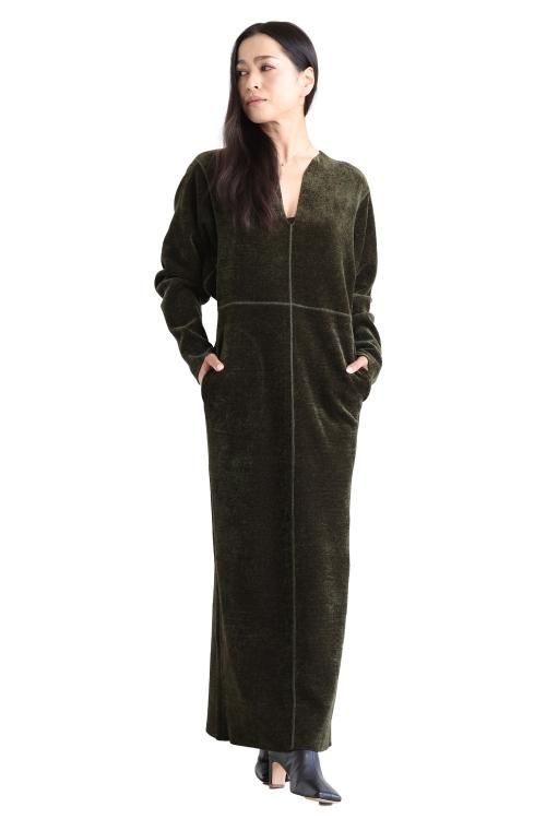 Mame Kurogouchi(マメ) V-Neck Velour Knit Dress KHAKI - YAMAROKU