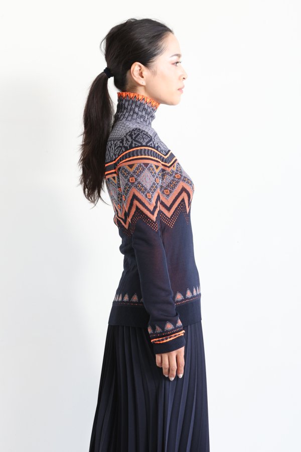 Mame Kurogouchi(マメ) Fair Isle High Neck Knitted Top NAVY