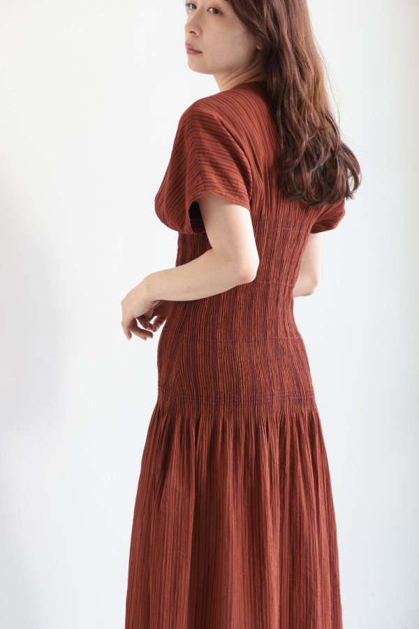 Mame Kurogouchi(マメ) Stripe Shirring Jacquard Dress - YAMAROKU