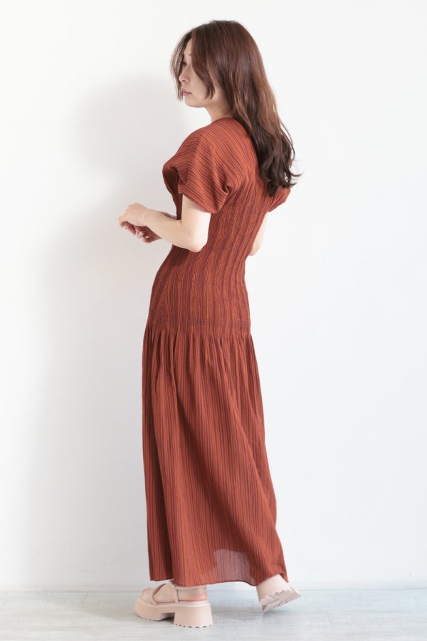 Mame Kurogouchi(マメ) Stripe Shirring Jacquard Dress - YAMAROKU 