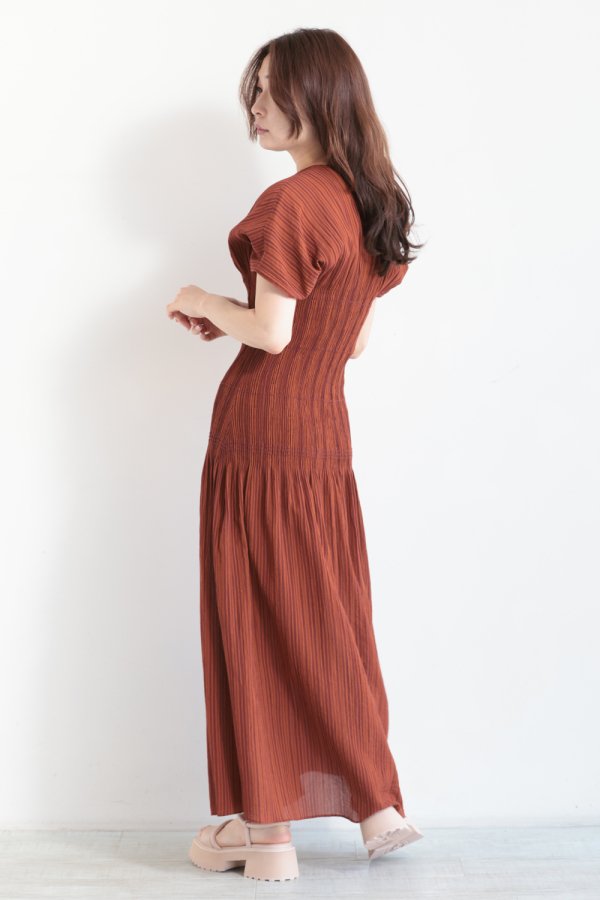 Mame Kurogouchi(マメ) Stripe Shirring Jacquard Dress - YAMAROKU