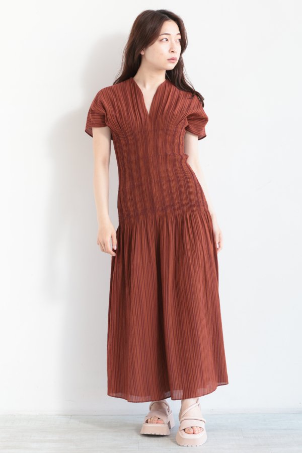 Mame Kurogouchi(マメ) Stripe Shirring Jacquard Dress - YAMAROKU 