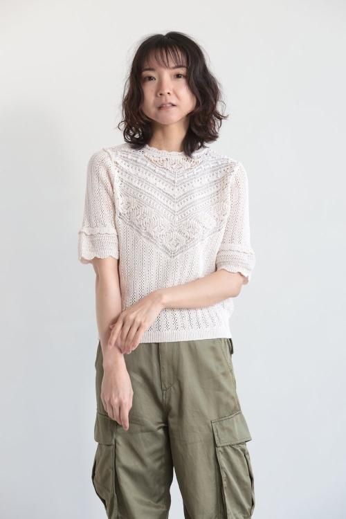 MACPHEE(マカフィ) レーシーニット ハーフスリーブプルオーバー