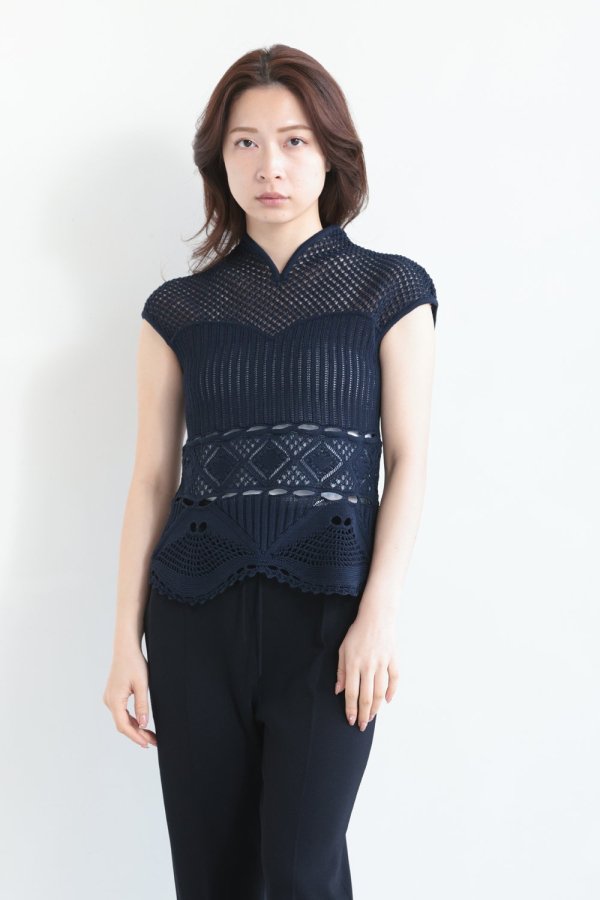 Mame Kurogouchi(マメ) Cotton Lace Sleeveless Knitted Top NAVY -  YAMAROKU（ヤマロク） オンラインストア