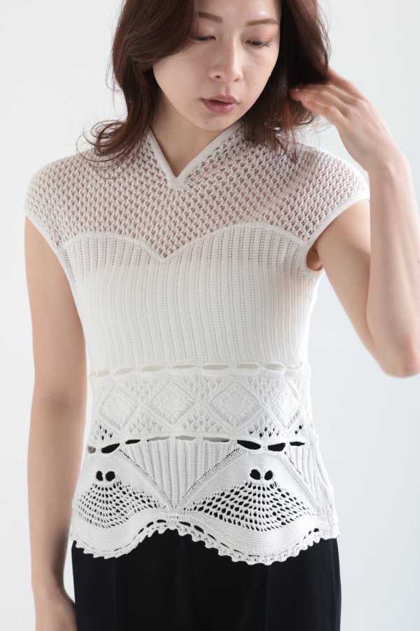 Mame Kurogouchi(マメ) Cotton Lace Sleeveless Knitted Top WHITE -  YAMAROKU（ヤマロク） オンラインストア