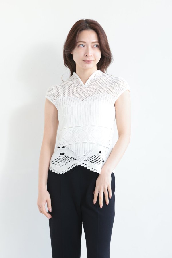 Mame Kurogouchi(マメ) Cotton Lace Sleeveless Knitted Top WHITE -  YAMAROKU（ヤマロク） オンラインストア