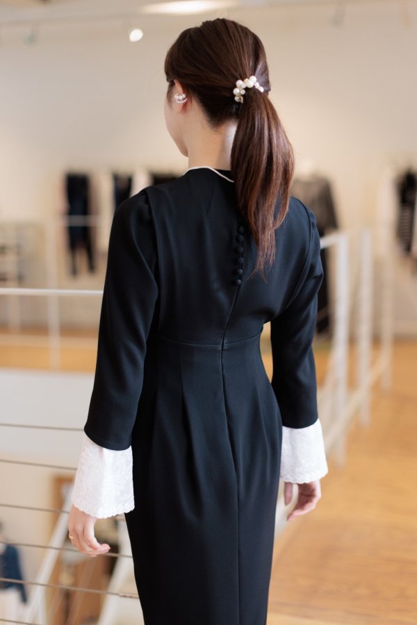Mame Kurogouchi(マメ) BackSatin Crepe Georgette Embroidered Cuffs I-Line  Dress - YAMAROKU（ヤマロク） オンラインストア
