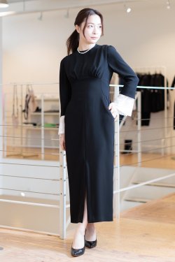Mame Kurogouchi(ޥ) BackSatin Crepe Georgette Embroidered Cuffs I-Line Dress