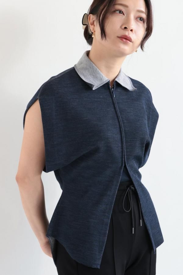 マメクロゴウチ　トップス　カットソー　スウェット　ネイビー　コットン　S Mame Kurogouchi(マメ) Wool Reversible-Jersey Top NAVY