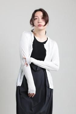 ADAWAS(凉) PLEATED KNIT ROUND NECK CARDIGAN  WHITE