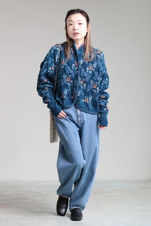 Mame Kurogouchi(マメ) Floral Motif Chenille Knitted Cardigan BLUE