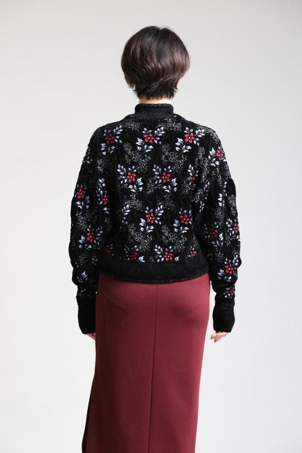 Mame Kurogouchi(マメ) Floral Motif Chenille Knitted Cardigan BLACK