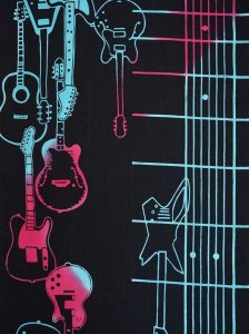 RumiRock 反物 ゆかた「エレキギター」黒地にミント・ピンク