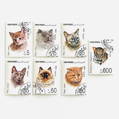 猫切手7種セット｜イエメン共和国 1990年（外国切手・古切手）｜ - 海外のブロカント・ヴィンテージ・猫雑貨・猫と暮らすインテリアの店　La  Maison du Chat Noir｜ラ・メゾン・デュ・シャノワール