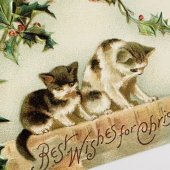 アンティークポストカード｜Helena Maguire 2匹のネコと柊 クリスマス