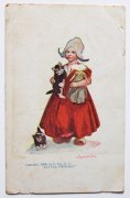 未使用アンティークポストカード｜お人形とネコを抱く少女