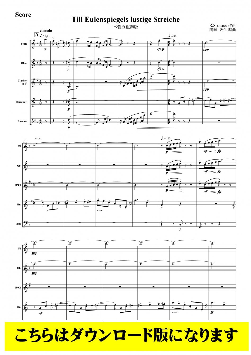木管5重奏DL】ティル・オイレンシュピーゲルの愉快ないたずら 全曲版（シュトラウス/関向弥生）