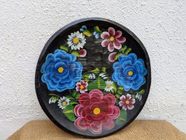 ミチョアカン ウッドプレート バテア 漆器  [青と赤の花]ビンテージ
																													