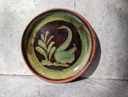ミチョアカン パタンバン 陶器 緑釉 円皿  [水鳥 25cm] 