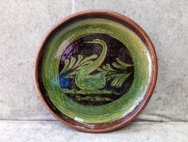 ミチョアカン パタンバン 陶器 緑釉 円皿  [水鳥 25cm その4] 