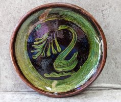 ミチョアカン パタンバン 陶器 緑釉 円皿  [水鳥 25cm その5] 