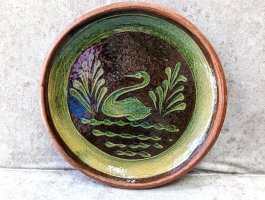 ミチョアカン パタンバン 陶器 緑釉 円皿  [水鳥 25cm その6] 