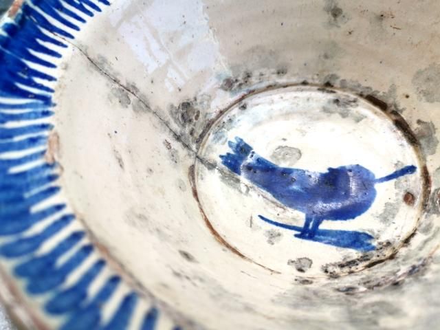 古民芸 ◇ メキシコ ドリップウェア 鳥文様 三彩 大鉢(土器