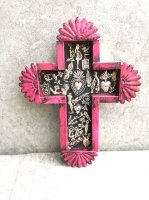 アートクロス ブリキ 十字架  [ブラック&ピンク 花柄 ミラグロ ] 21.5cm
																													