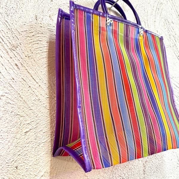 メルカドバッグ　パープル　ポンポン付き　メキシコ　カゴバッグ メルカドバッグL オレンジ×パープル(ロンボグランデ) | メキシコ