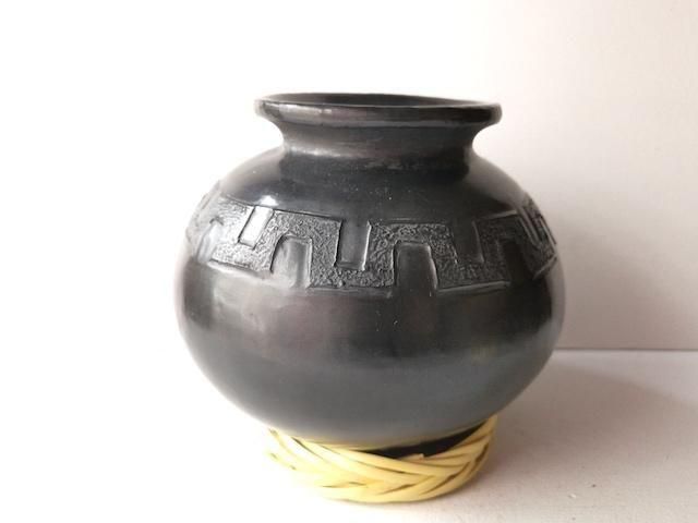 オアハカ 黒陶 バロネグロ | グレカ模様 壺 16cm - メキシコ雑貨と