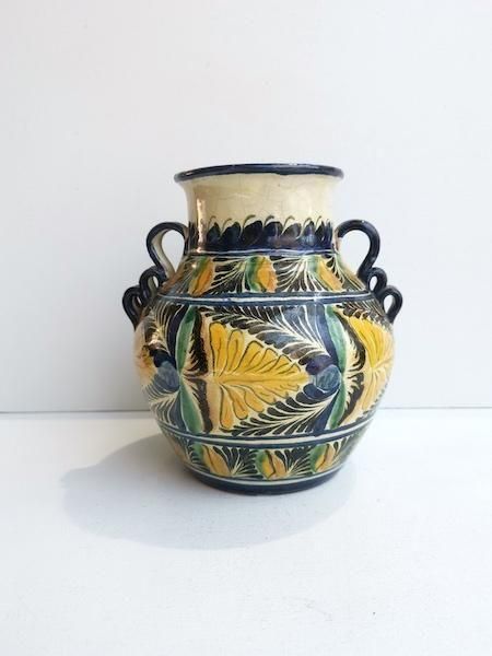 ドローレス マジョリカ焼き | ビンテージ グリップ付き壺 18cm
