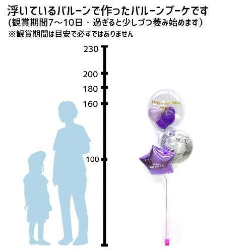 お誕生日のバルーンは広島のバルーンショップ ポピンズ 紫のクリアバルーンが素敵な古希 喜寿 卒寿のお祝い用バルーンブーケ