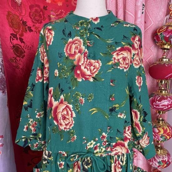 china retro*花布チャイナカラー七分袖ワンピースB(緑) - birkahve