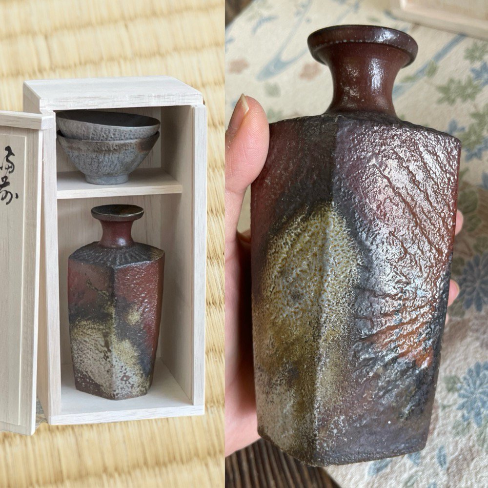 六角徳利と石目の盃の酒器セット（木箱） - 陶古窯オンラインショップ