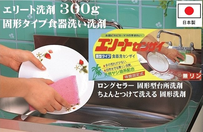 固形タイプ食器洗い洗剤 エリート洗剤 300g 天然ヤシ油系配合 無リン 環境 経済的 手荒れ エコ 固形洗剤 日本製