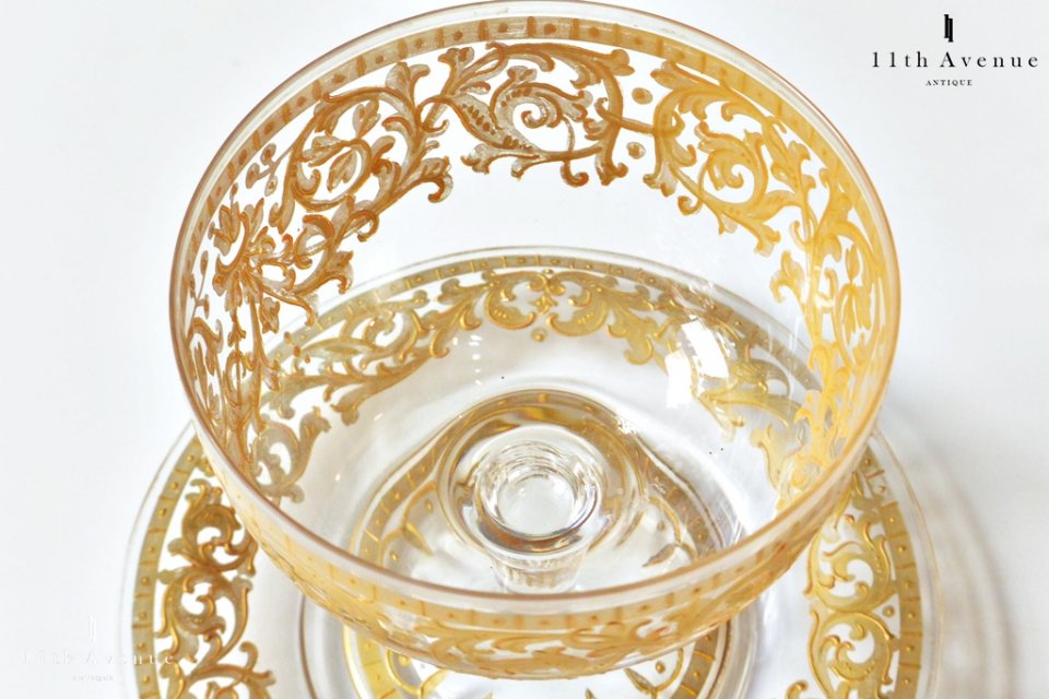 ボヘミアンガラス【アンティーク】 金彩装飾ソルベ用グラス＆ソーサー A