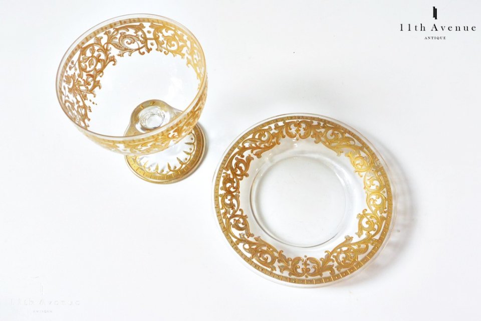 ボヘミアンガラス【アンティーク】 金彩装飾ソルベ用グラス＆ソーサー 