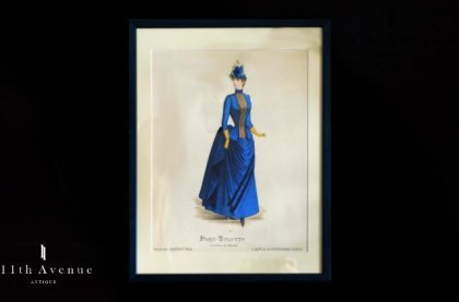 Paris-Toilette【フランス】ブルードレスのファッションプレート 1880年代 - 西洋アンティーク 11th Avenue | 銀座の アンティーク専門店